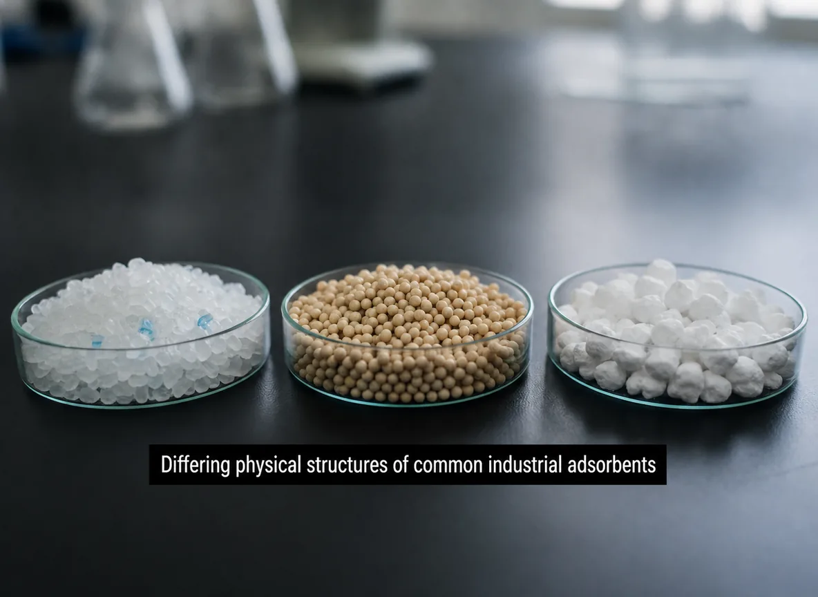 A close-up comparison shot of three petri dishes containing different desiccant beads: clear silica gel, beige molecular sieves, and white activated alumina spheres.