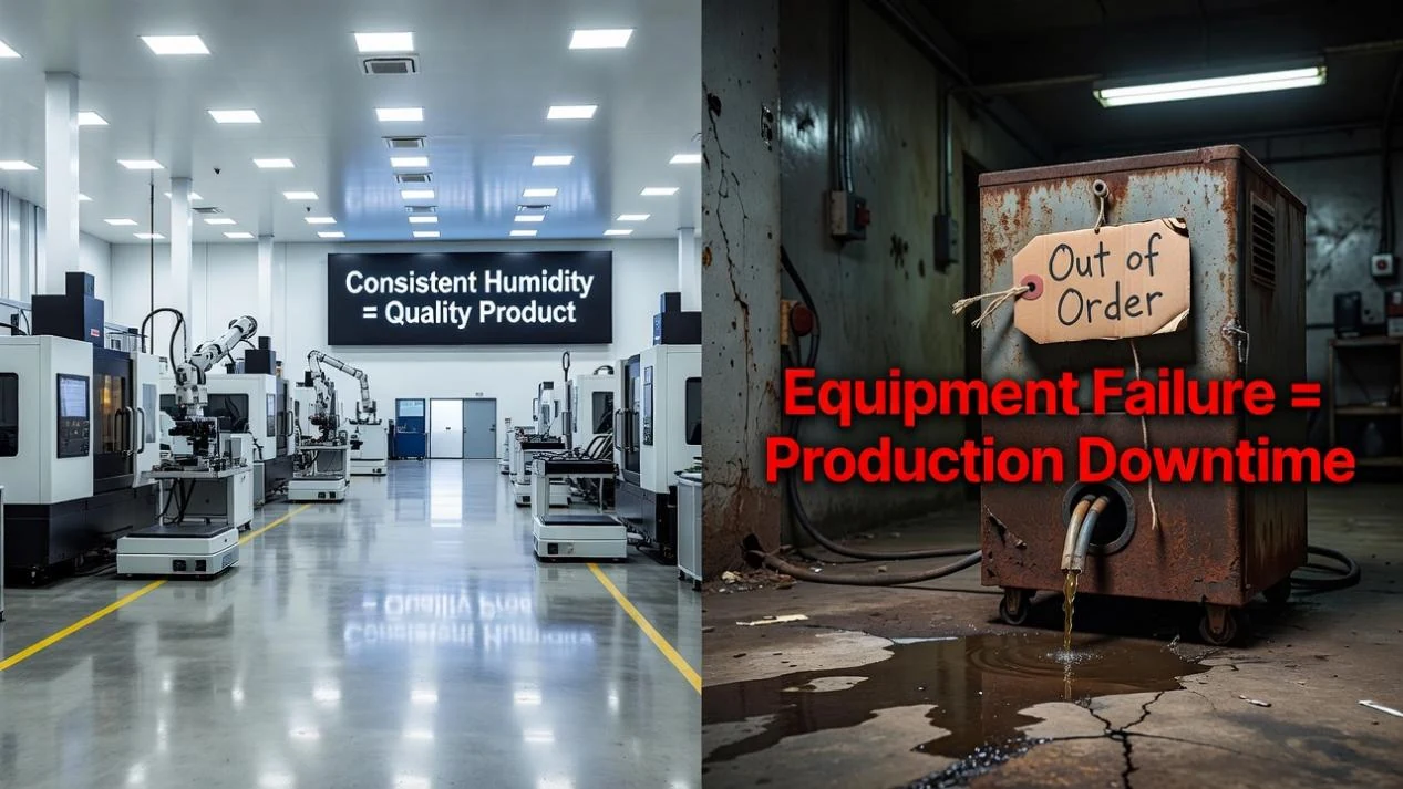 A comparison showing the benefits of reliable industrial dehumidification versus the risks of downtime caused by cheap equipment failure.