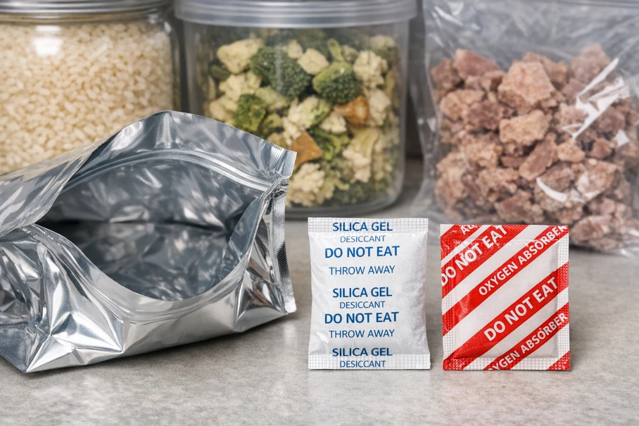 Desiccant and oxygen absorber sachets used for different packaging risks