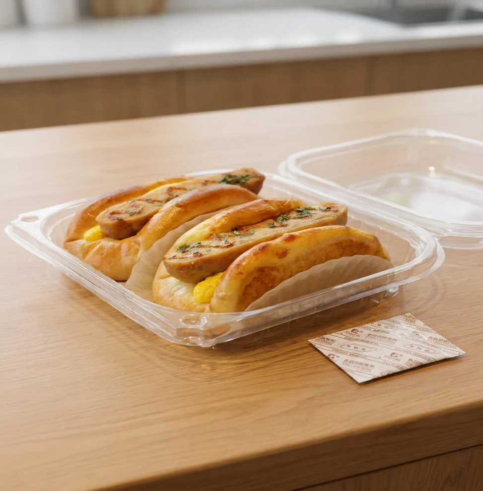 Packaged food protected with an oxygen scavenger sachet