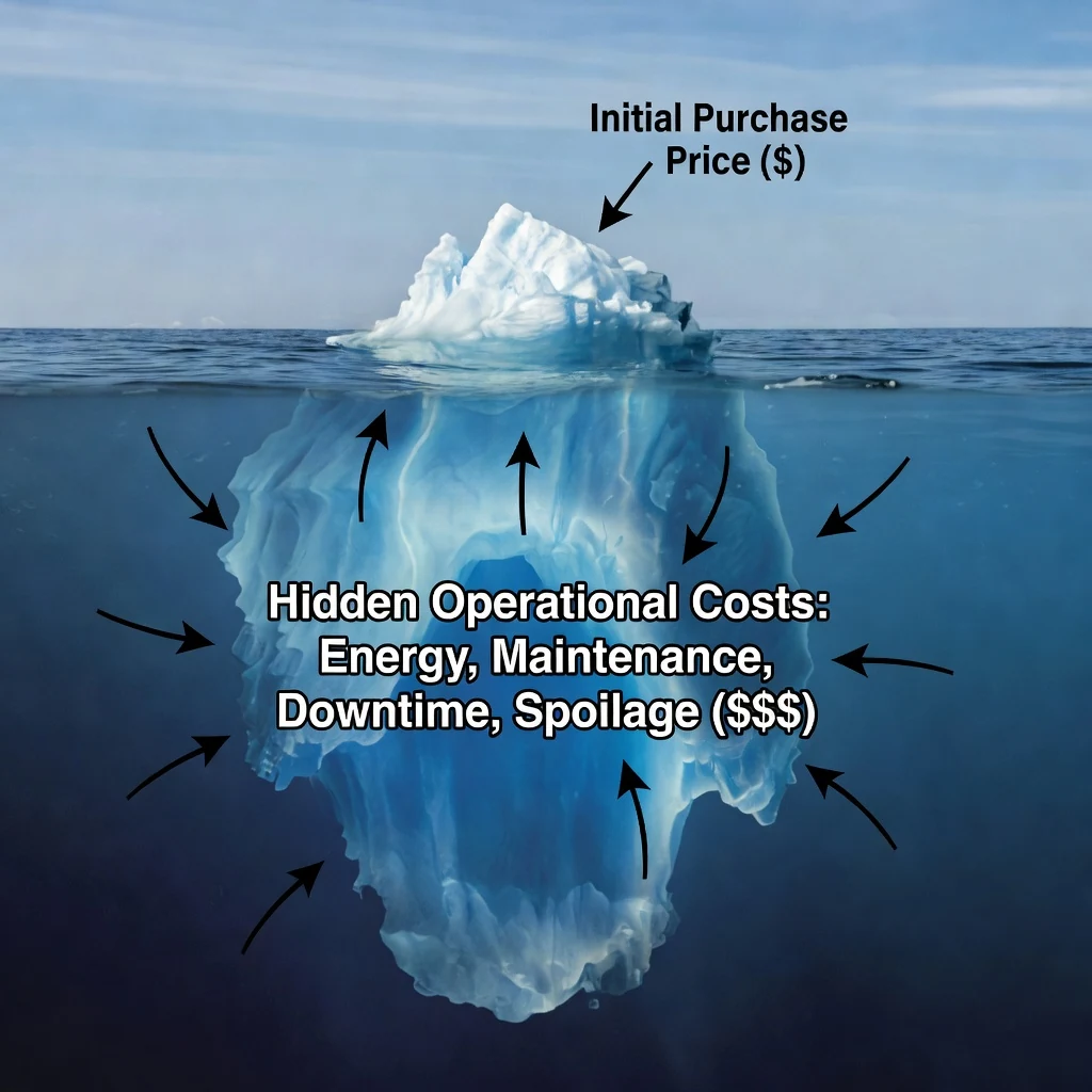 Infographic illustrating the total cost of ownership for industrial dehumidifiers, showing initial price as the tip of an iceberg and operational costs hidden underwater.