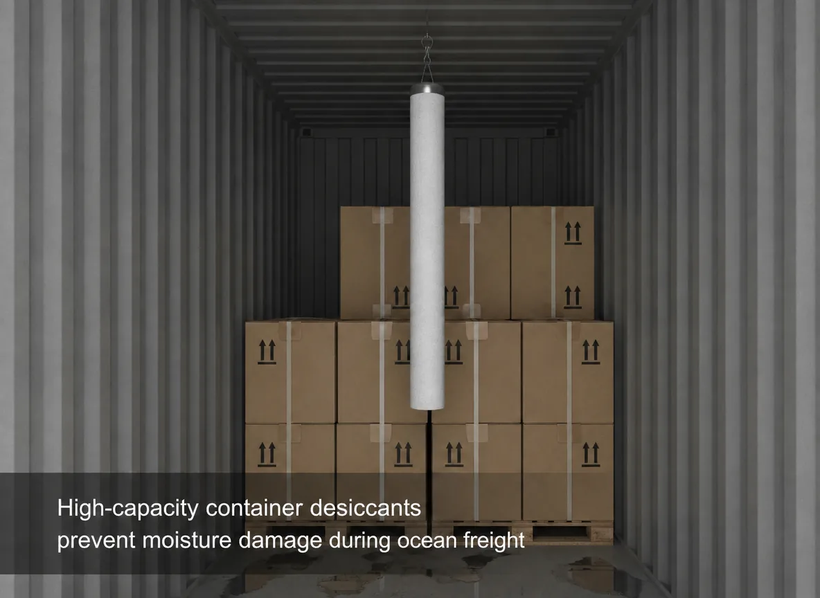 Inside a shipping container, a large desiccant pole is hanging from the ceiling hook, next to stacked cardboard boxes on pallets.