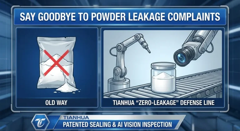 Tianhua illustration of patented sealing and AI vision inspection for powder-leakage prevention