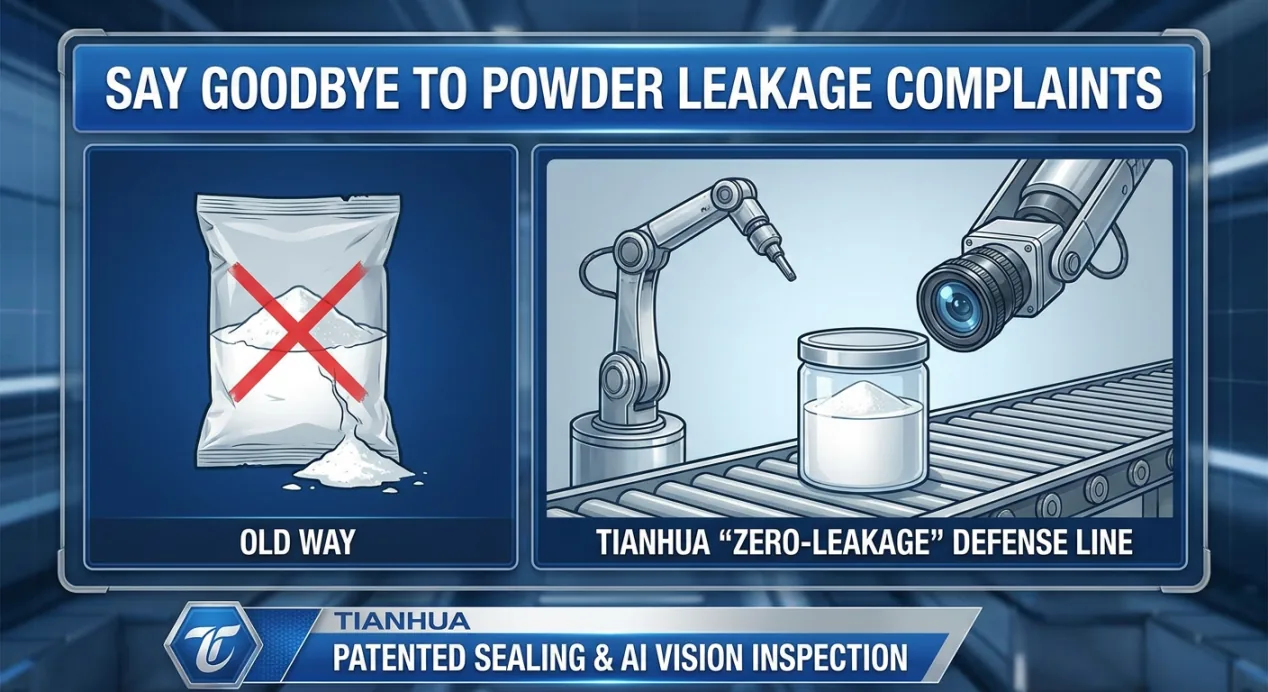 Tianhua illustration of patented sealing and AI vision inspection for powder-leakage prevention